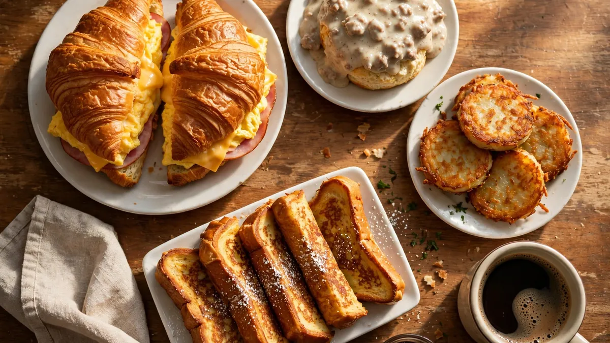 Arby's Breakfast Menu with a Sausage, Egg and Cheese Biscuit, a Bacon, Egg and Cheese Croissant, French Toast Sticks and coffee