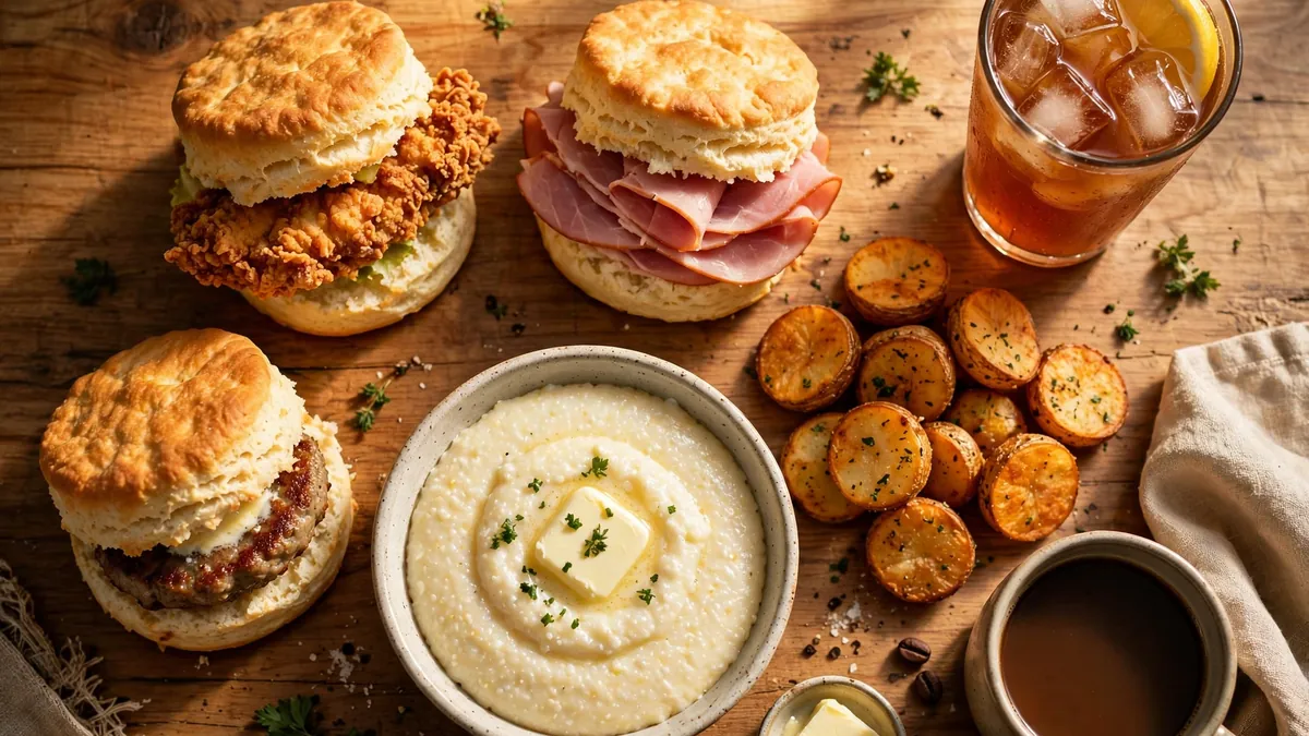 Bojangles Breakfast Menu with a Cajun Filet Biscuit, a Country Ham Biscuit, Bo-Tato Rounds and Legendary Iced Tea
