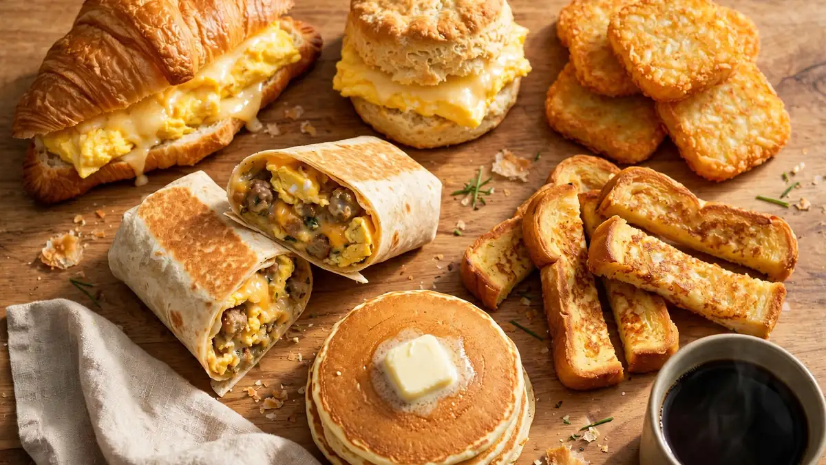 Burger King Breakfast Menu with a Croissan'wich sandwich, a biscuit sandwich, a breakfast burrito, Hash Browns, French toast sticks, pancakes and hot coffee