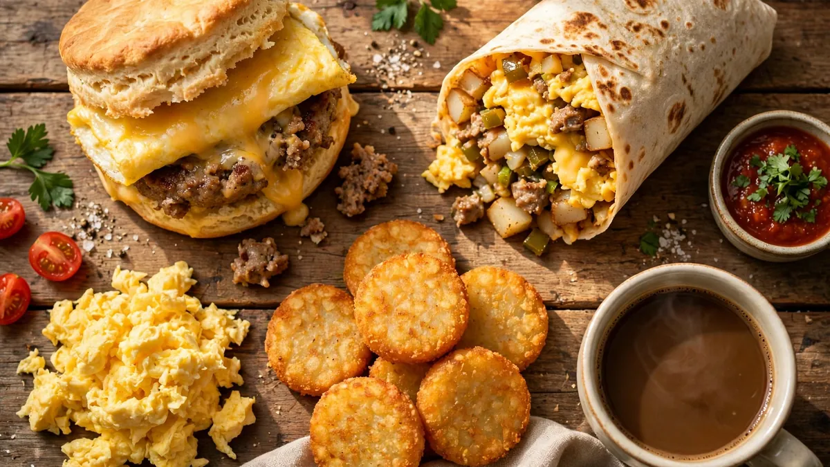 Carl's Jr. Breakfast Menu with The Breakfast Burger, a Monster Biscuit, Hash Rounds and coffee