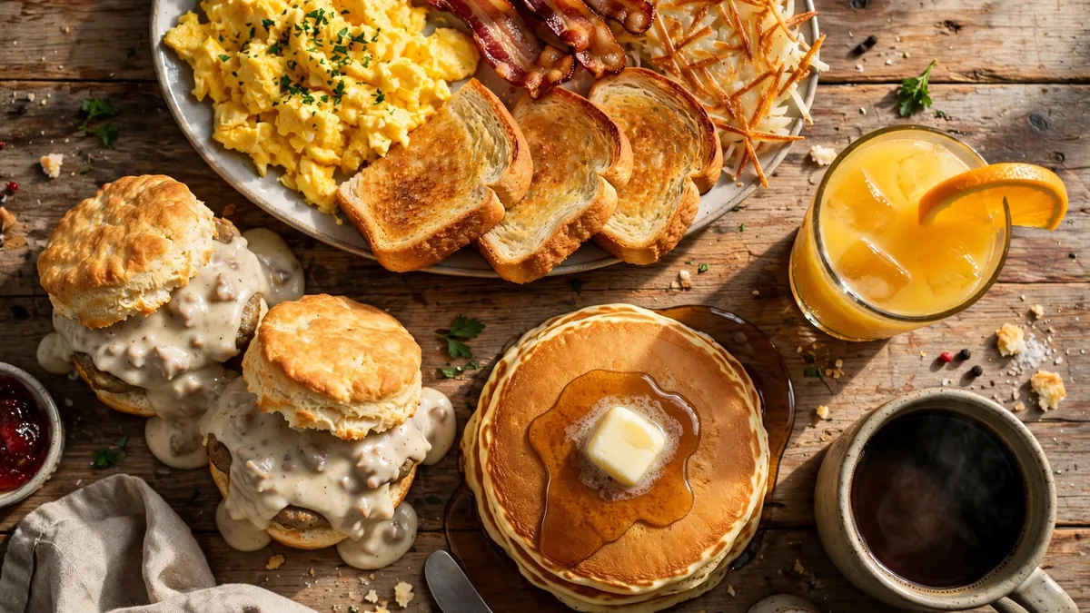 Dairy Queen Breakfast Menu with Biscuits and Gravy, a Country Platter, a Pancake Platter and coffee