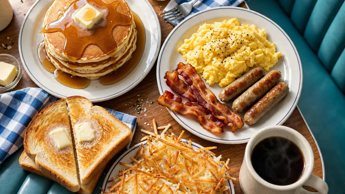 Denny's Breakfast Menu with an Original Grand Slam, pancakes, scrambled eggs, bacon, sausage, hash browns and coffee