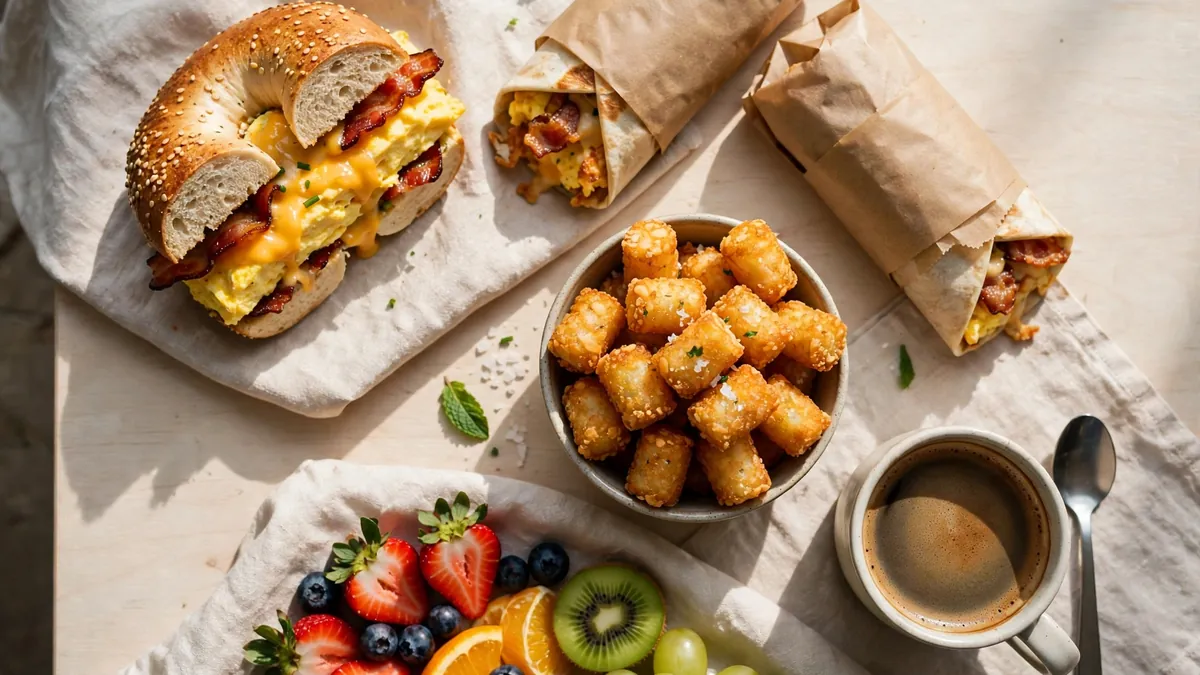 Freddy's Breakfast Menu with a Breakfast Burrito, a Breakfast Bowl, Hash Brown Tots and orange juice