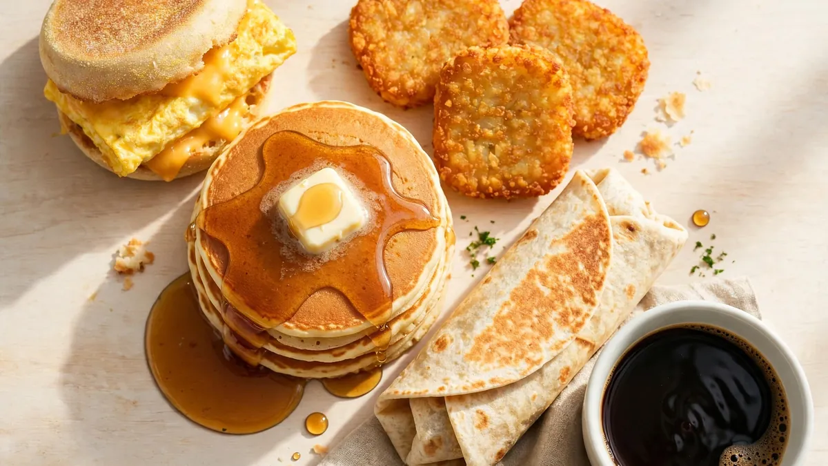 McDonald's Breakfast Menu with an Egg McMuffin, a Big Breakfast with Hotcakes, Hash Browns and coffee