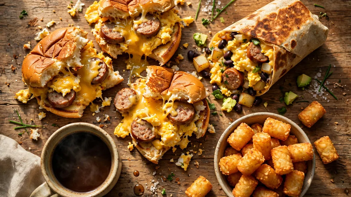 Smashburger Breakfast Menu with a Breakfast Burger, an Egg & Cheese Sandwich, Breakfast Tots and coffee