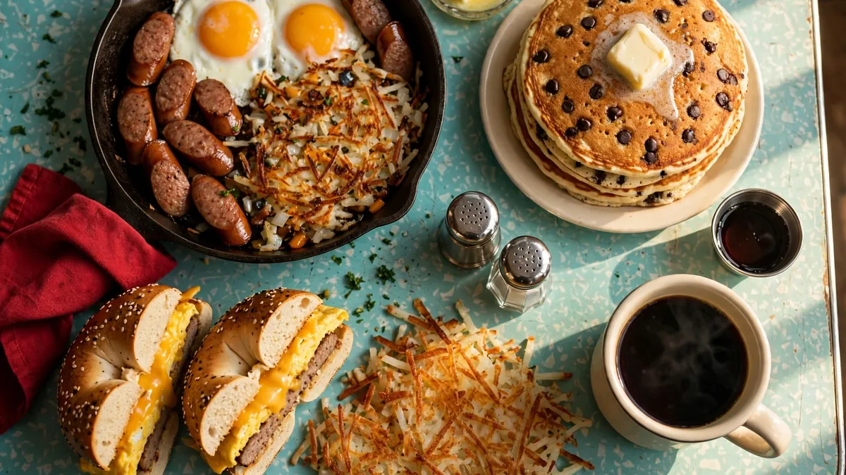 Steak 'n Shake Breakfast Menu with a Homestyle Breakfast, a Country Skillet, pancakes and coffee