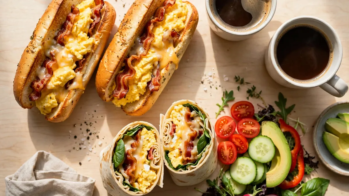 Subway Breakfast Menu with a Steak, Egg and Cheese Footlong, an Egg and Cheese sandwich, a breakfast wrap and coffee