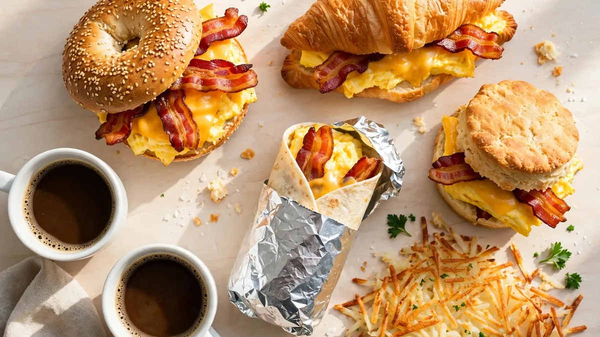 Wawa Breakfast Menu with a Sizzli sandwich, a breakfast burrito, a breakfast bowl and coffee