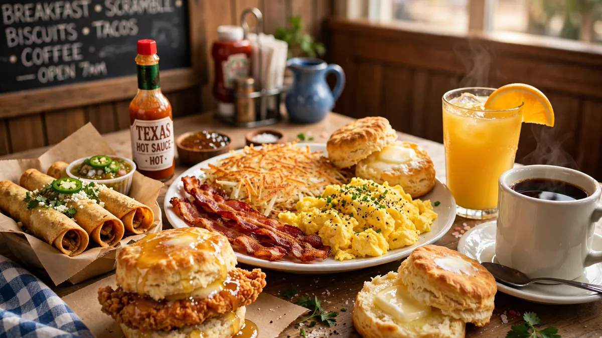 Whataburger Breakfast Menu with a Honey Butter Chicken Biscuit, Taquitos, a Breakfast on a Bun, Hash Brown Sticks, a Cinnamon Roll and hot coffee